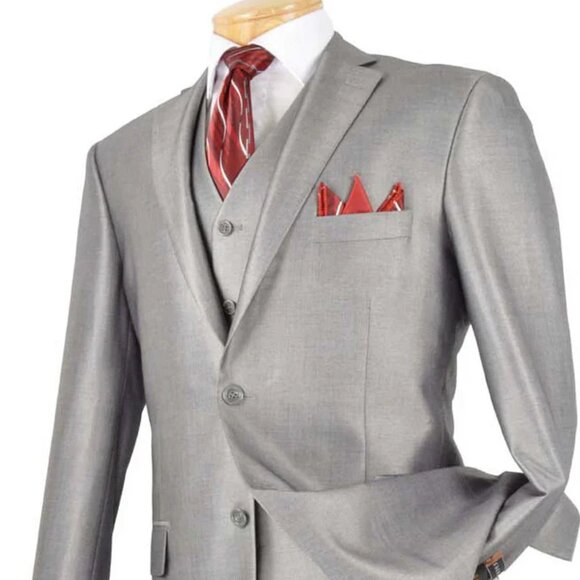 Mens Classic Vested Shiny Sharkskin Suit in Grey - Picture 1 of 2